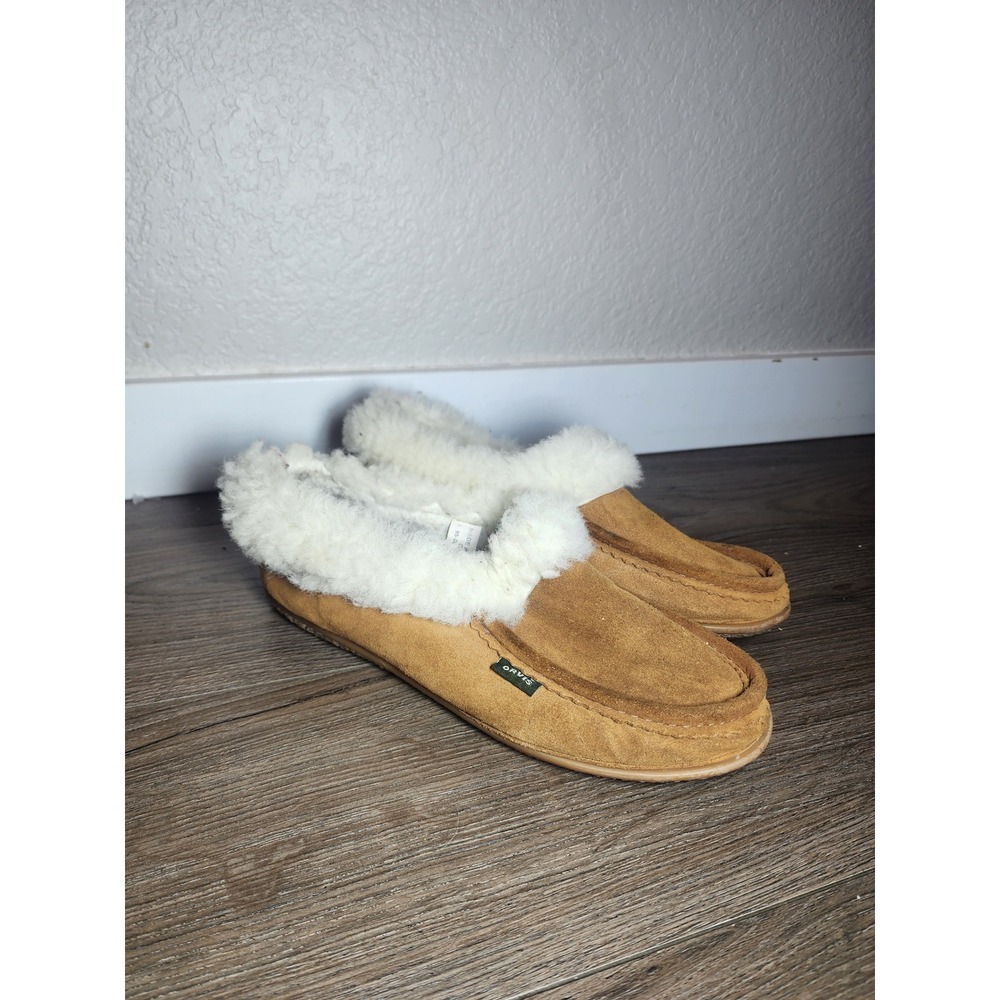 Orvis Womens 9 M Tan Suede Shearling Lined Moccasin Slippers Made in Canada